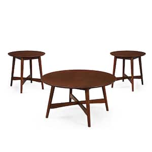 Hiland 36 in. Walnut Round Wood Coffee Table and 23.75 in. End Tables Set