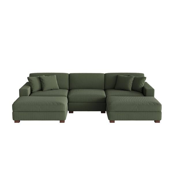 Uixe 118 in. W Modern Square Arm 5-Piece Corduroy Fabric U-Shaped Sectional Sofa in Green