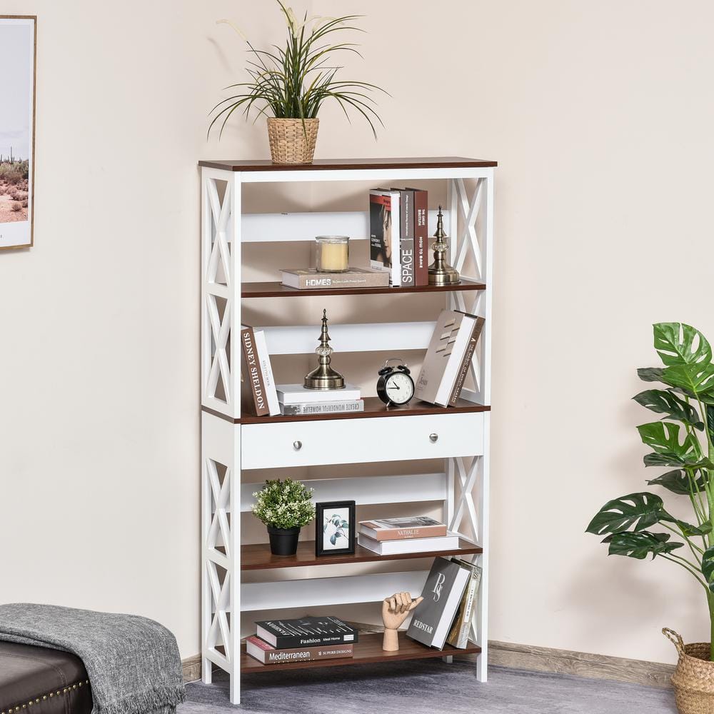 White and Dark Wood 4-Tier Etagere with Drawer