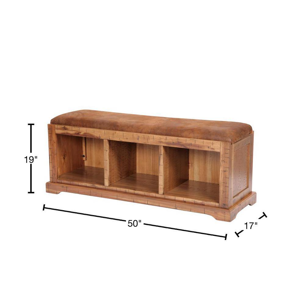 Distressed Toffee Brown Acacia Hall Bench with Storage and Microfiber Seat