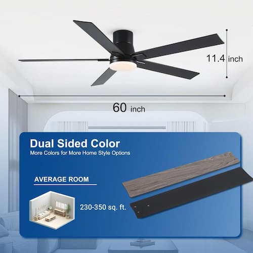 Stylish 60 in. Indoor Black Flush Mount Ceiling Fan with Integrated LED, Remote Control and 5-Reversible Blades Ceiling Fans