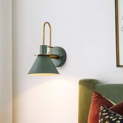 7 in. 1-Light Green Antique Brass Wall Sconce with Cone Metal Shade Wall Lamp for Bedroom Bathroom Hallway