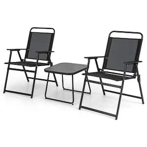 3-Piece Metal Patio Conversation Set Folding Chairs and Table Heavy-Duty Outdoor Portable