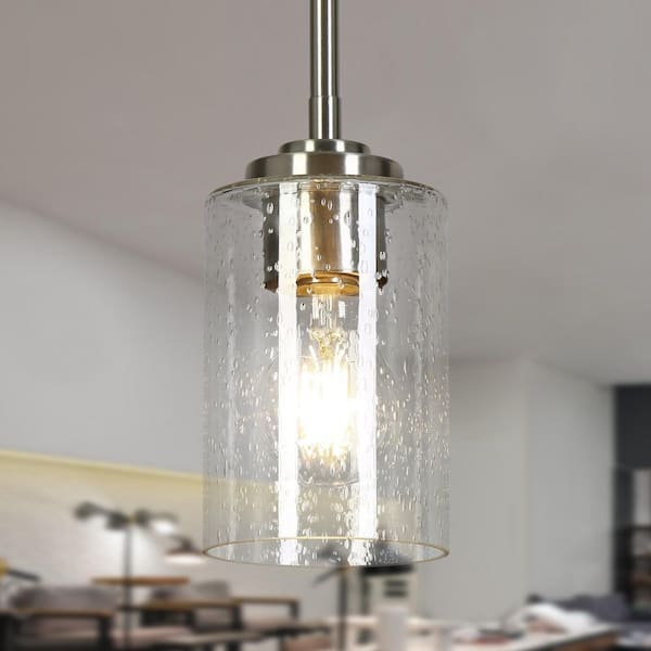 Modern 1-Light Silver Nickel Cylinder Mini Pendant Light with Clear Seeded Glass Shade and No Bulb Included for Foyer