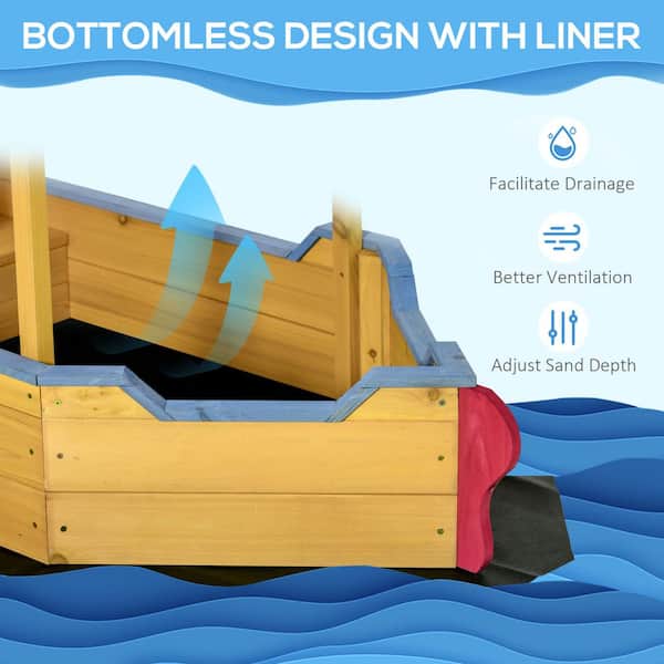 Kids Pirate Ship Sandbox With Bench – Wooden Outdoor Sand Boat With Rudder, Flag & Lifebuoy