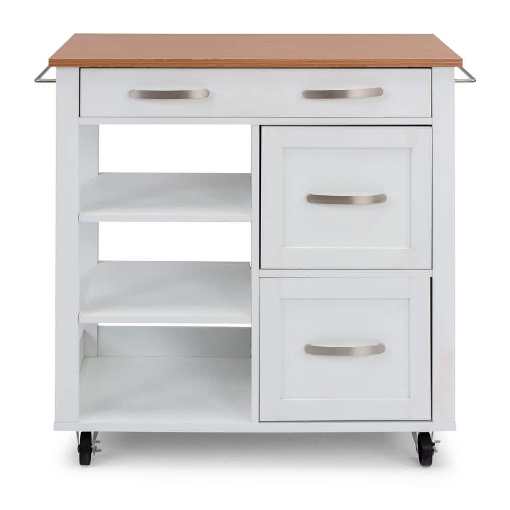 HOMESTYLES Belfast White Kitchen Cart with Natural Wood Top-4420-95