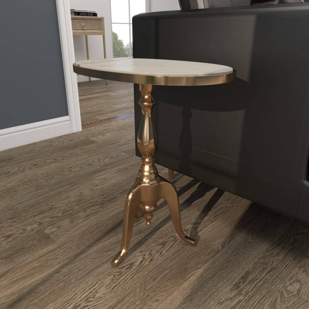 Elegant Round Gray Stone Top End Table with Gold Metal Base