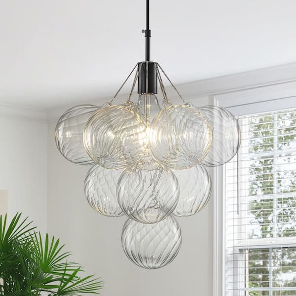 1-Light Black Globe Pendant Light with Clear Swirl Glass Shade Modern Hanging Light Fixture for Kitchen Island, Entryway