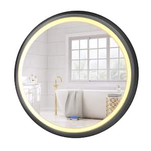 28 in. Round Modern Matte Black Framed Decorative LED Mirror Wall Mounted Anti-Fog and Dimmer Touch Sensor