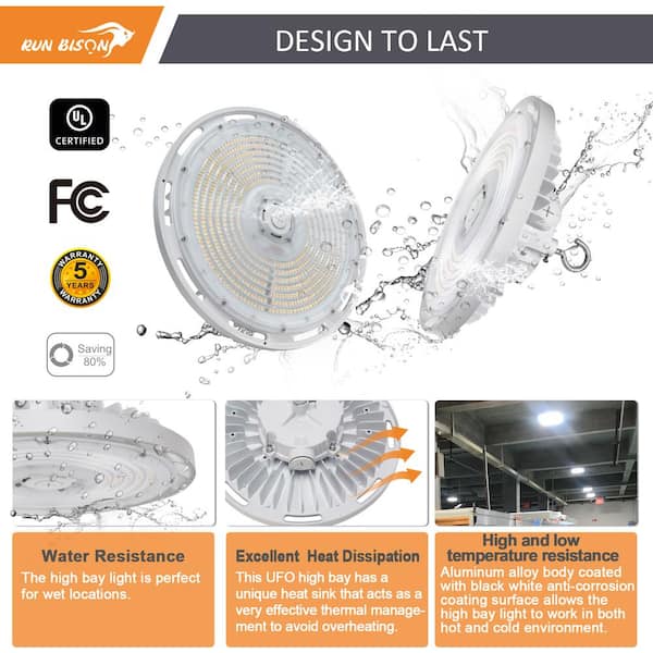 RUN BISON 8-Pack 10.6 in. White 450-Watt Equivalent Integrated LED UFO High Bay Light Fixture, 5000K 21750Lumens, 0-10V Dimmable