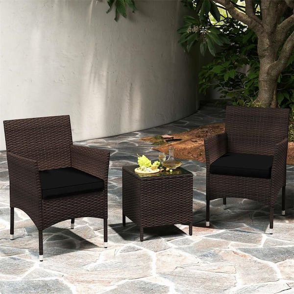 Costway 3-Piece Wicker Patio Conversation Set with Tempered Glass Tabletop and Black Cushions