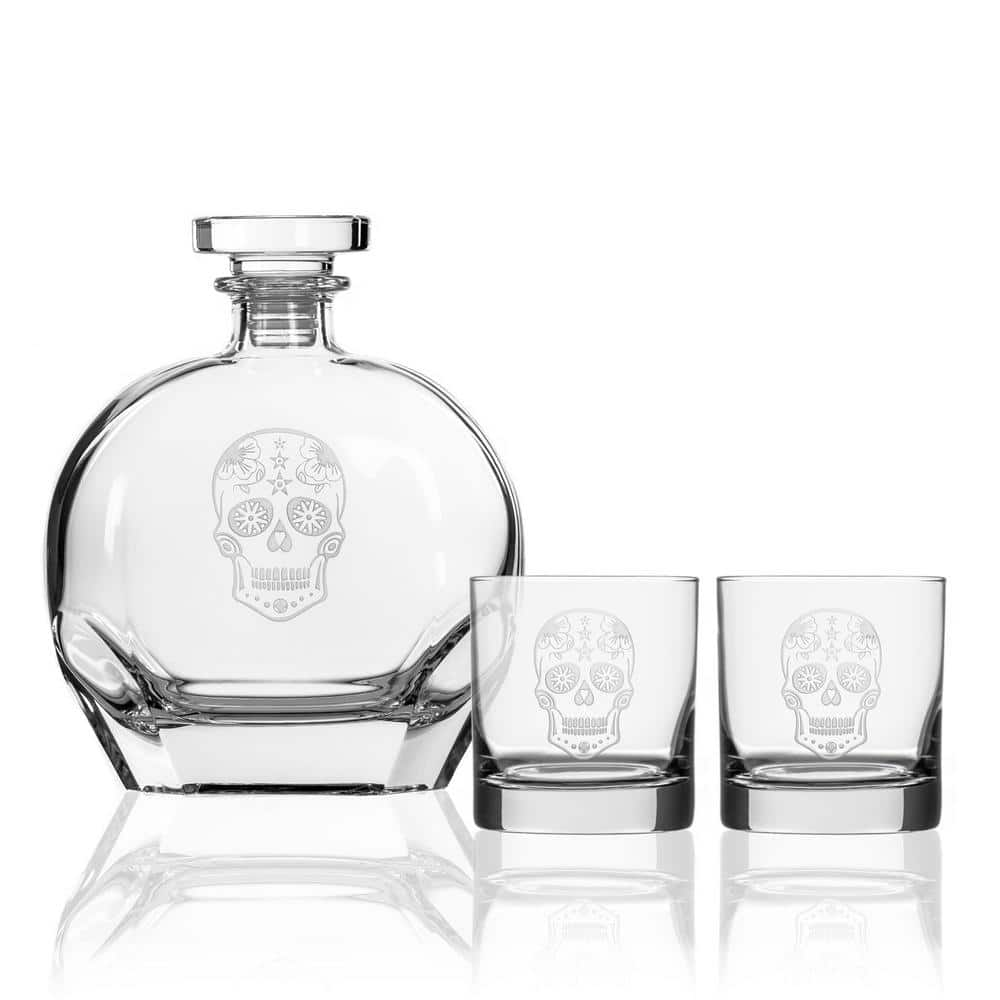 Rolf Glass Sugar Skull Whiskey Decanter and Rocks Glasses Gift Set (3 ...