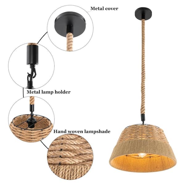 OUKANING 1-Light Wood Rustic Shaded Pendant Light with Woven Hemp