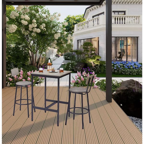 Unbranded 3-Piece Metal Outdoor Bistro Sets, Bistro Table with 2 Bar Stools PU Soft Seat with Backrest in Gray