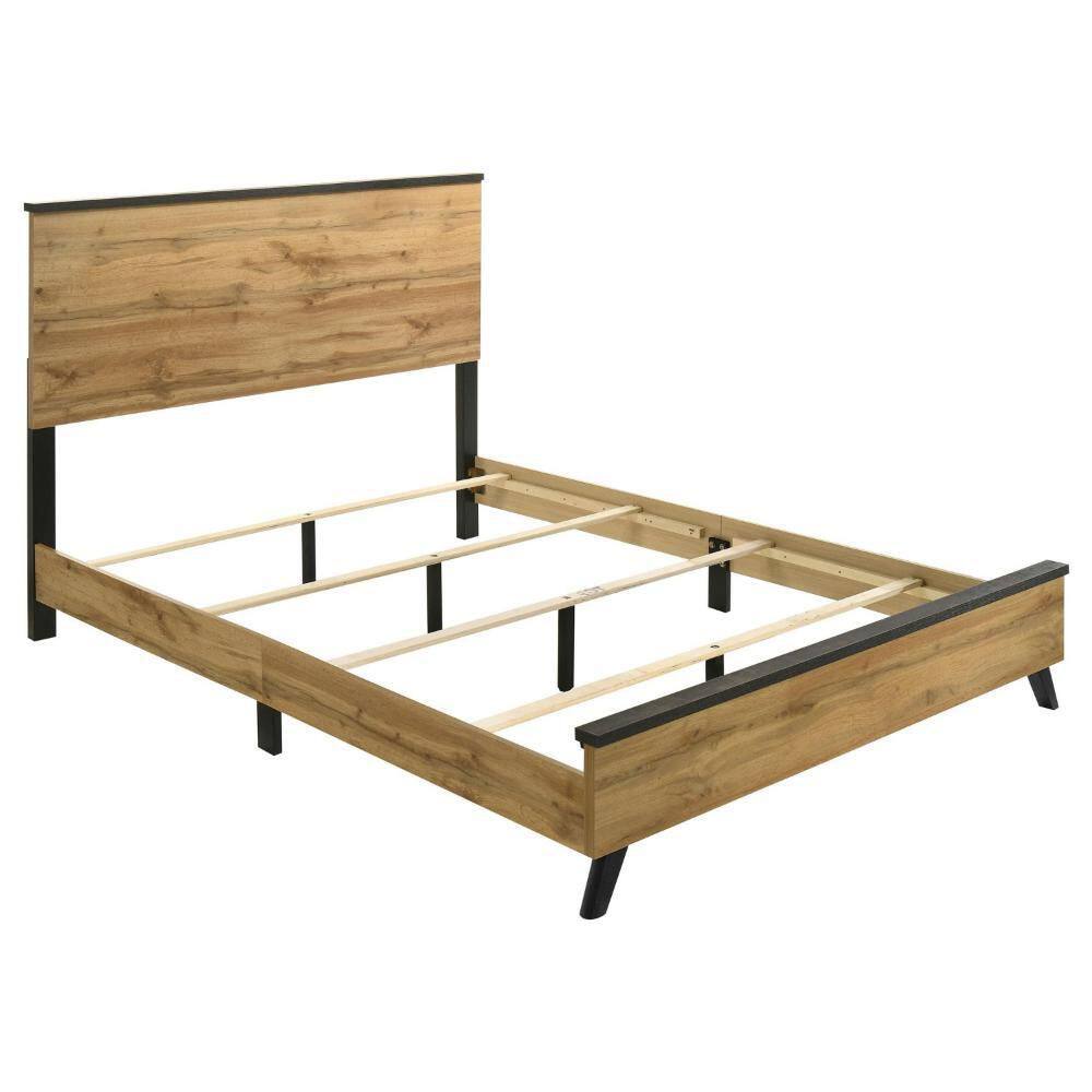 Wemy Brown and Black Wood Frame Full Platform Bed with Panel Headboard