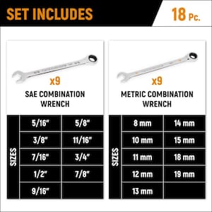 SAE/MM 90-Tooth Pro Combination Ratcheting Wrench Tool Set with Tray (18-Piece)
