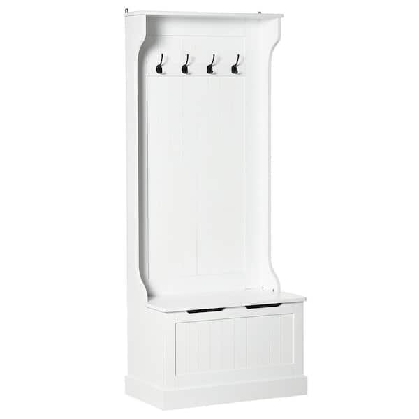 Unbranded 28.25 in. W x 15.5 in. D x 67 in. H White Wood Hall Tree with Coat Rack, Storage and 4 Hooks for Entryways, Hallway