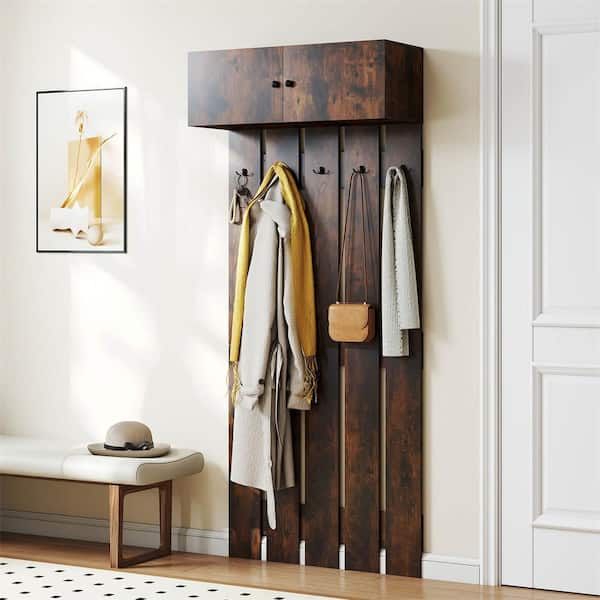 Rustic Brown Engineered Wood Wall-Mounted Entryway Wall Coat Rack with 5 Double Hooks & 2-Door Cabinet Hallway