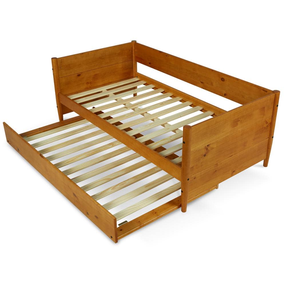 Mid-Century Pine Twin Daybed with Trundle and Wood Slats
