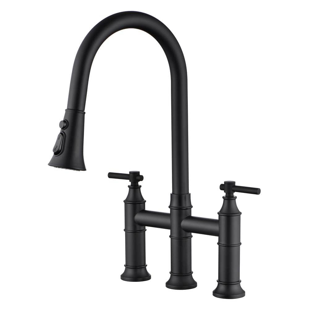 SUMERAIN Traditional Double Handle Bridge Kitchen Faucet with Pull out ...