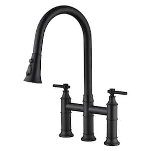 Traditional Double Handle Bridge Kitchen Faucet with Pull out Spray Wand in Matte Black
