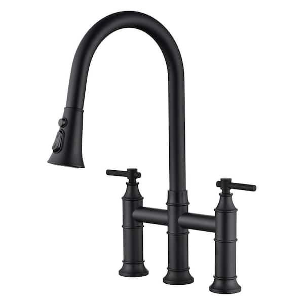 SUMERAIN Traditional Double Handle Bridge Kitchen Faucet with Pull out Spray Wand in Matte Black