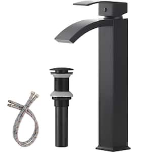 Single Hole Single Handle High Arc Bathroom Faucet With Pop Up Drain Without Overflow in Matte Black