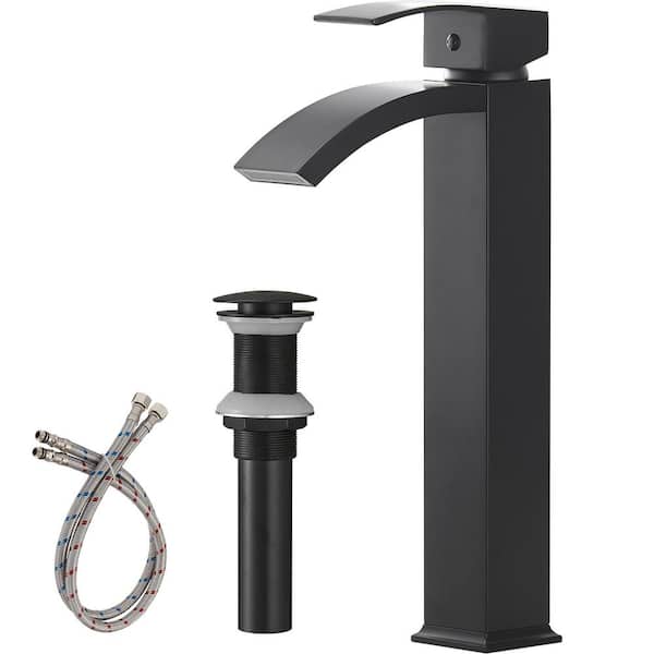 HOMEMYSTIQUE Single Handle Waterfall Vessel Sink Faucet with Drain Kit Included in Matte Black