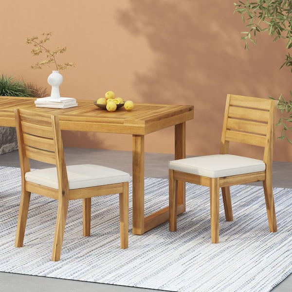 Harper & Bright Designs Patio Sandblast Natural Stained Solid Acacia Wood Outdoor Dining Chair with Beige Cushions (2-Pack)