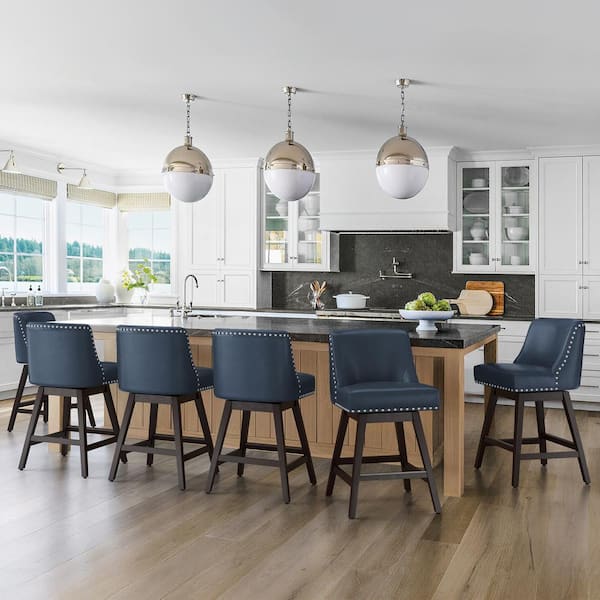 OrangeOne Hampton 26 in. Solid Wood Navy Blue Swivel Bar Stools with Back Faux Leather Upholstered Counter Bar Stool Set of 6