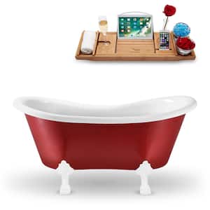 62 in. Acrylic Clawfoot Non-Whirlpool Bathtub in Glossy Red With Glossy White Clawfeet And Polished Gold Drain