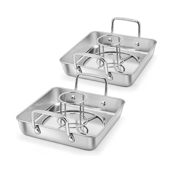4 Piece Stainless Steel Chicken Roasting Pan Set with Removable Beer Can Holder and Vertical Rack for Grilling