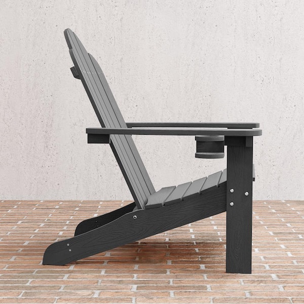 Classic Dark Gray Plastic All-Weather Weather Resistant With Cup Holder Outdoor Patio Adirondack Chairs(Set of 2)