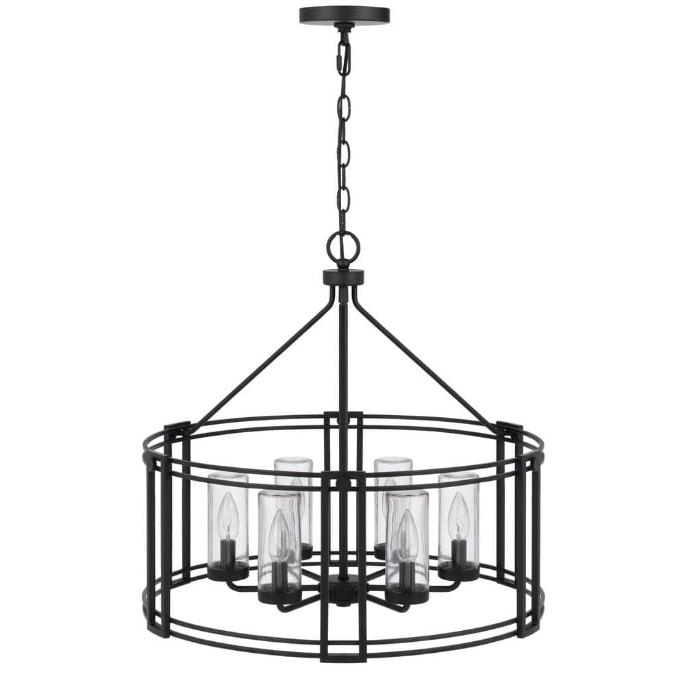 Luton Cage 6-Light Iron Metal Chandelier with Clear Cylinder Glass Shades
