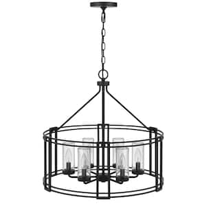 Luton Cage 6-Light Iron Metal Chandelier with Clear Cylinder Glass Shades