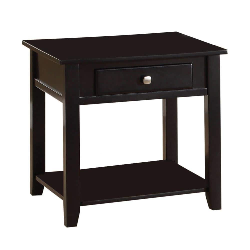 Black Wood Rectangular End Table with Drawer and Shelf