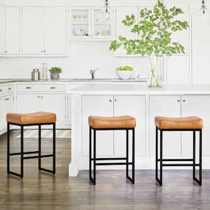 Modern 24 in. Metal Frame Whiskey Brown Bar Stool Set of 3-Saddle Bar Stools