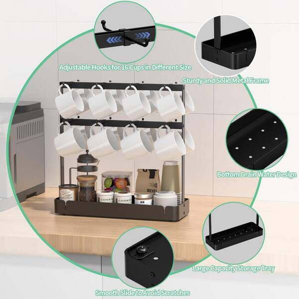 Wudkey 16-Hook Countertop Black Coffee Mug Holder, 2 Tier Mug Tree Rack with Heavy Duty Metal Base for Coffee Pods Tea Bags