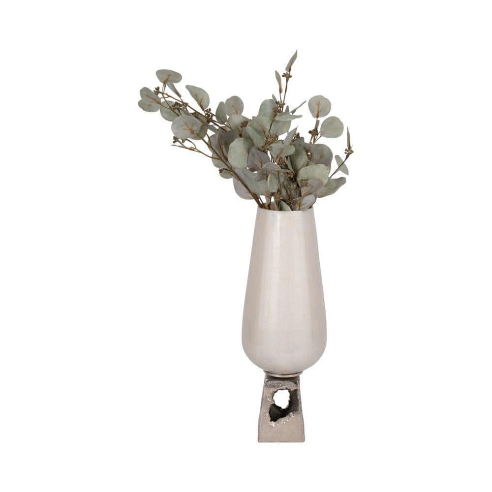 Pearl White Glass Vase with Metal Base, 19" Tall
