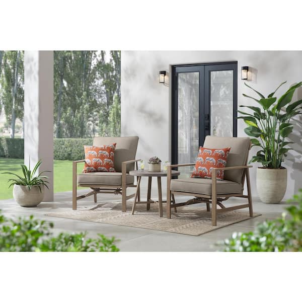 River Haven 3-Piece Steel Outdoor Bistro Motion Chat Set with CushionGuard Riverbed Tan Cushions