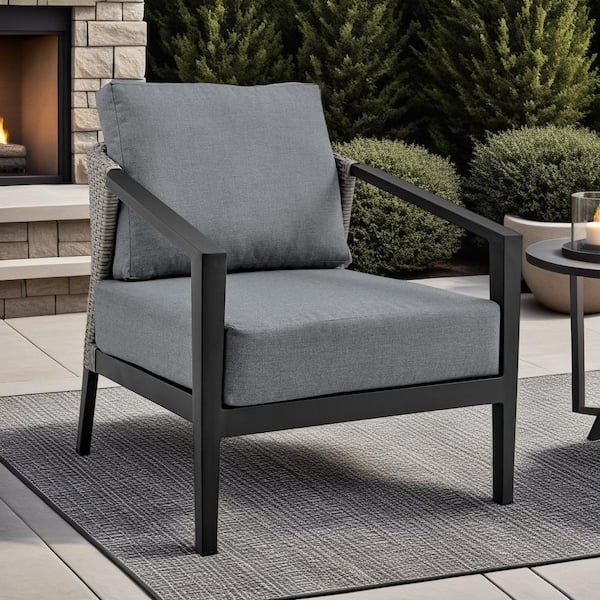 Armen Living Palma Black Aluminum and Wicker Outdoor Lounge Chair with Dark Gray Cushion
