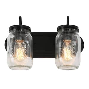 Rustic 14 in. 2-Light Dark Brown Vanity Light with Mason Jar Clear Glass Shades