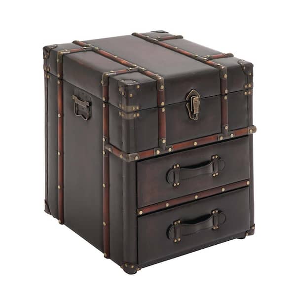 Litton Lane 18 in. W Dark Brown Faux Leather Vintage Faux Leather 2 Drawer Cabinet with Buckle Hinged Top