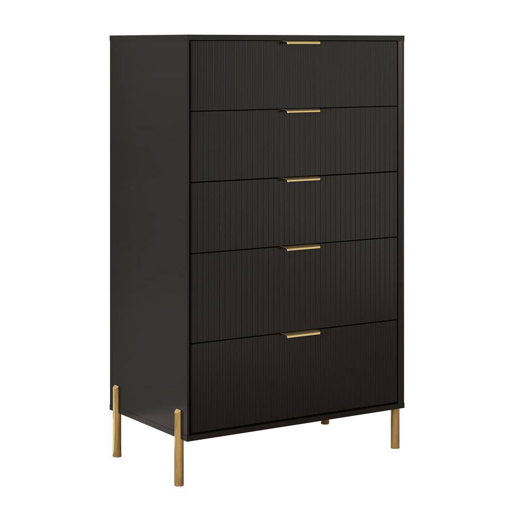 Black Vertical 5-Drawer Dresser Chest with Gold Handles