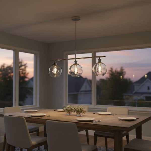 3-Light Brushed Nickel Modern Island Pendant Light Fixtures, Linear Chandelier Hanging Light with Clear Glass Shade