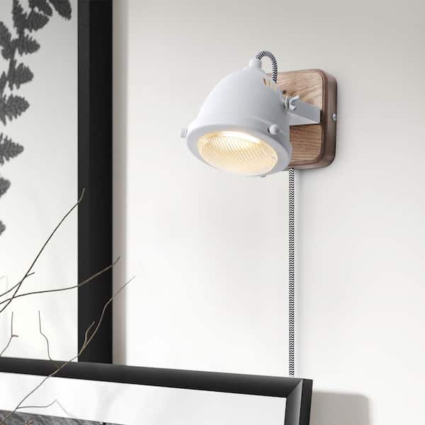 4.72 in. 1 Light Plug in GU10 Wall Sconces with White Rotating Shade, Industrial Wood Base Wall Lamp, Not Included Bulb