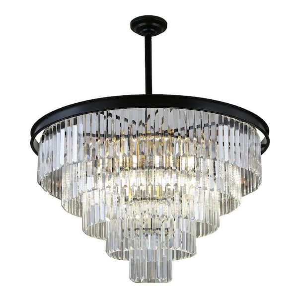 12-Light Black Modern 5-Tier Crystal Chandelier with Clear Glass Shade for Bedroom Living Room, No Bulbs Included