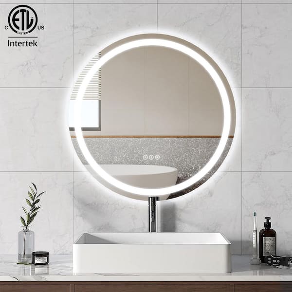 Elevatehome 28 in. W x 28 in. H Round Frameless LED Lighted Anti-Fog Modern Wall Bathroom Vanity Mirror in Tempered Glass