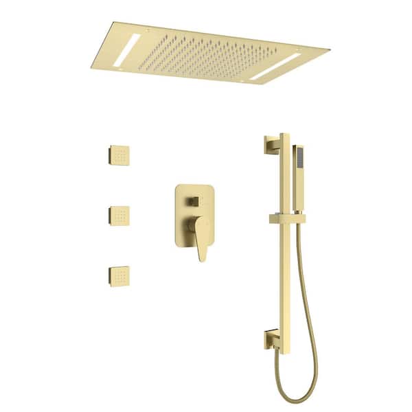 Single-Handle 3-Spray Ceiling Mount 64-Color Mood Lighting Shower Faucet 2.5 GPM with Body Spray in Brushed Gold