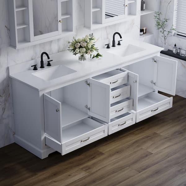 QUE 80 in. W Solid Wood Double Sink Bath Vanity in White with White Cultured Marble Top, Soft-Close Drawers, Assembled